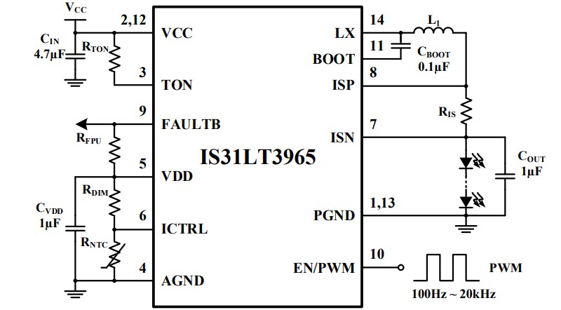 Application Circuit Diagram - Lumissil IS32LT3965 Synchronous Buck LED Driver